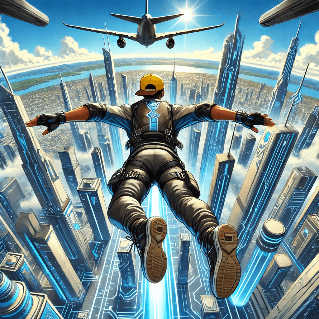 Skydiver diving towards futuristic city